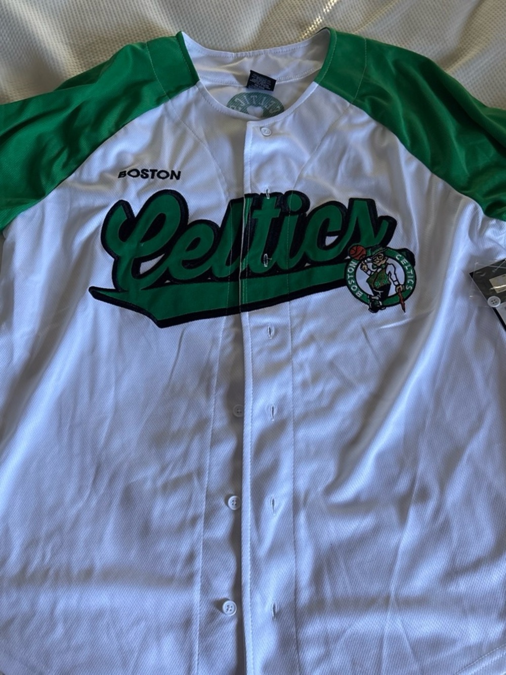 Green & White Button-Up Jersey. Celtics